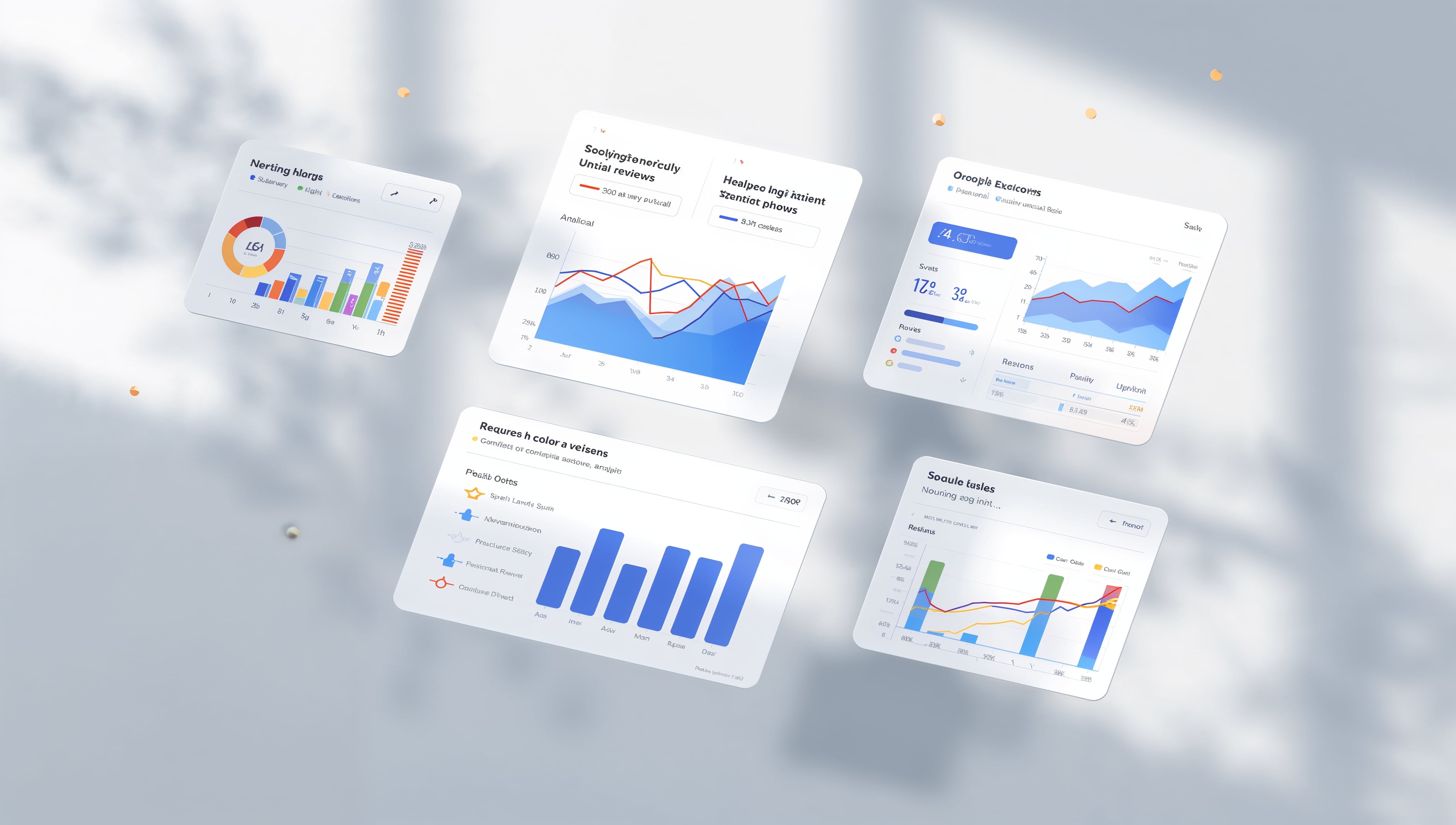 floating website UI elements showing analytics, site reviews, backlinks, SEO graphs