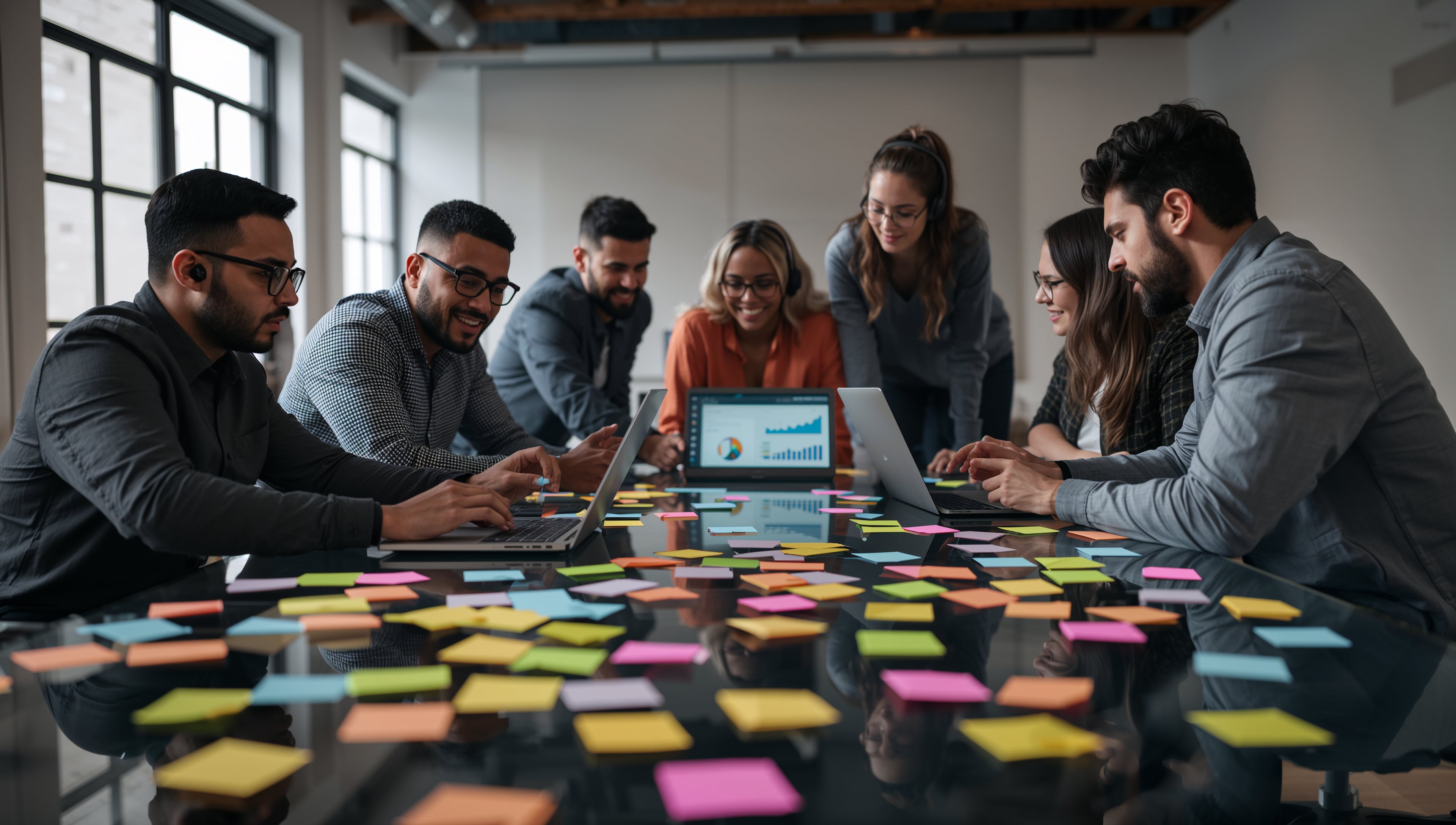 Marketing team planning content strategy with sticky notes and laptops